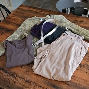Northern Reflections Brown Knit Top, belt, Linen Pants And Scarf